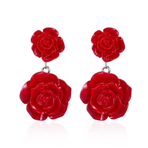 Caiyao Red Rose Flower Earrings Ring Vintage Enamel Dangle Jewelry for Women | Double Rose Design thumbnail 1