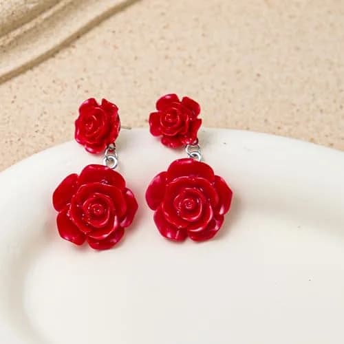 Caiyao Red Rose Flower Earrings Ring Vintage Enamel Dangle Jewelry for Women | Double Rose Design thumbnail 2