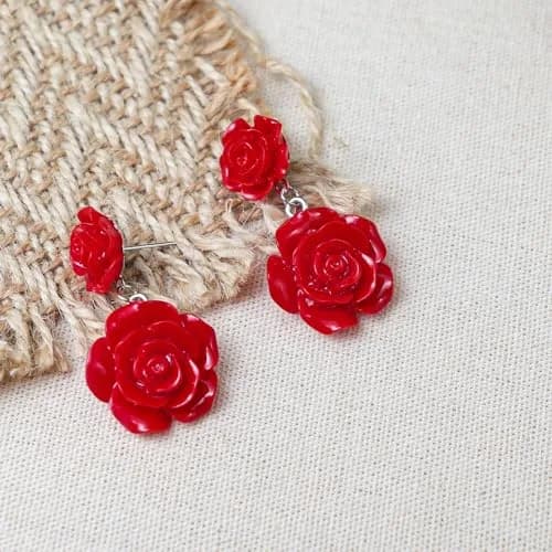 Caiyao Red Rose Flower Earrings Ring Vintage Enamel Dangle Jewelry for Women | Double Rose Design thumbnail 3