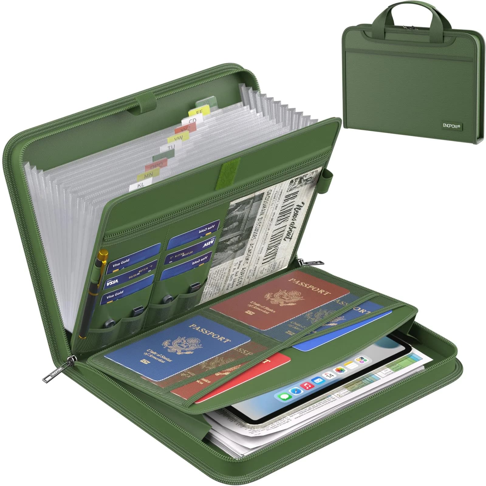 ENGPOW Fireproof Accordion File Organizer 37.1cm (14.4in) | UL94-V0 Rated for Documents — Green