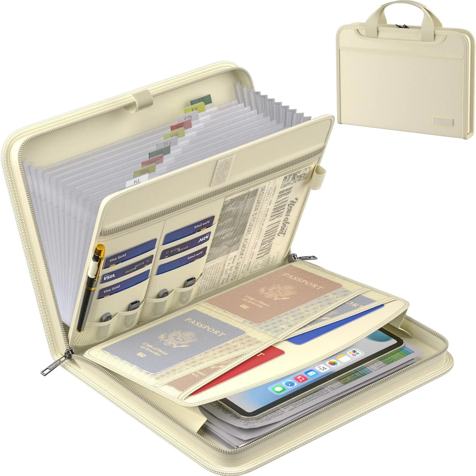 ENGPOW Fireproof Accordion File Organizer 37.1cm (14.4in) | UL94-V0 Rated for Documents — Beige / 14.2" x 10.4" x 2"