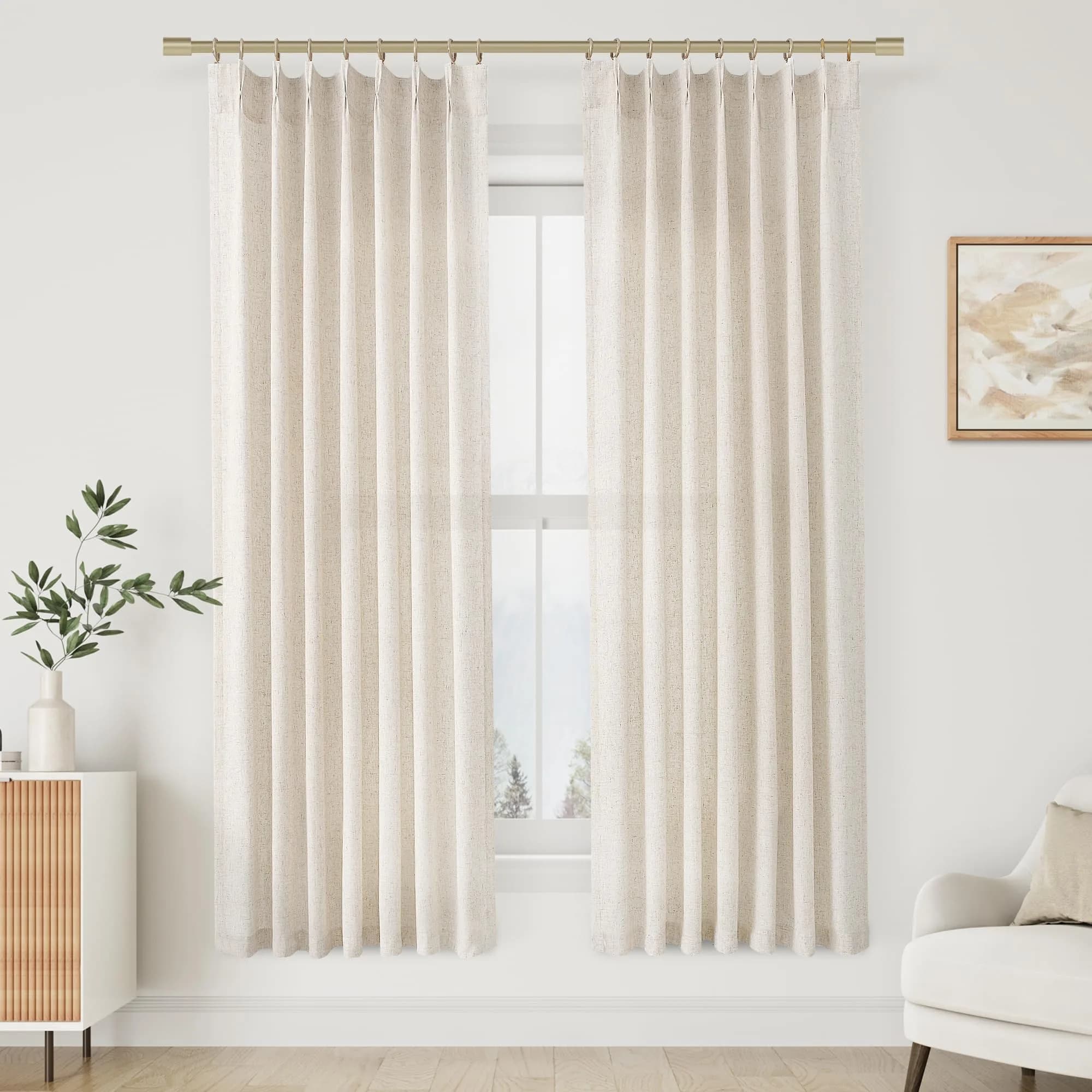 Aersas Olive Green Pinch Pleated Linen Curtains 84 Inches Long (2 Panels, 40"W x 84"L Each) | Light Filtering Boho Forest Hunter Moss Sheer Green Curtain — Natural Linen / 40"W x 72"L