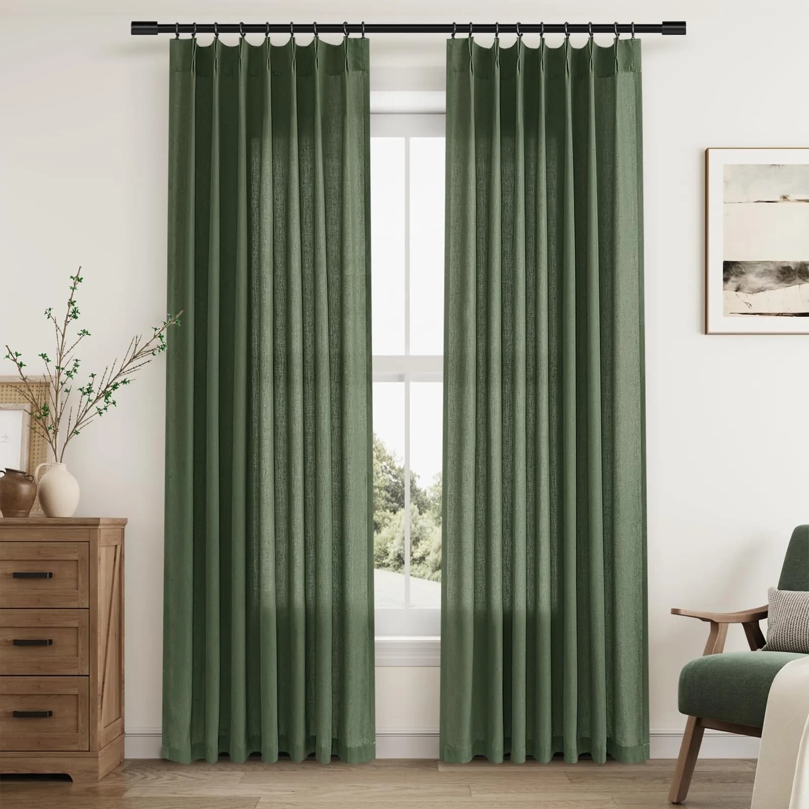 Aersas Olive Green Pinch Pleated Linen Curtains 84 Inches Long (2 Panels, 40"W x 84"L Each) | Light Filtering Boho Forest Hunter Moss Sheer Green Curtain — Olive Green