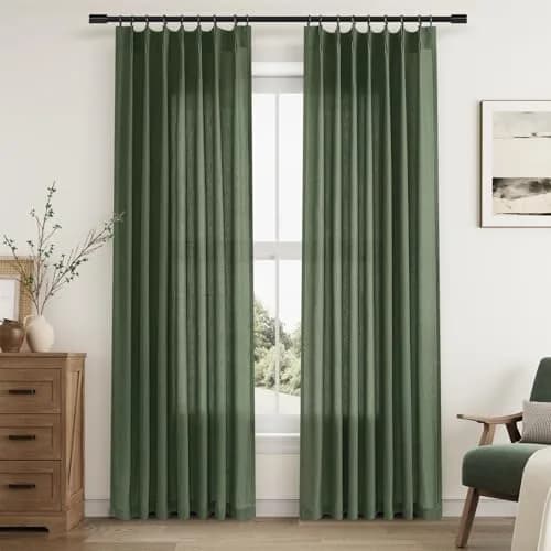 Aersas Olive Green Pinch Pleated Linen Curtains 84 Inches Long (2 Panels, 40"W x 84"L Each) | Light Filtering Boho Forest Hunter Moss Sheer Green Curtain thumbnail 1