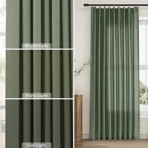 Aersas Olive Green Pinch Pleated Linen Curtains 84 Inches Long (2 Panels, 40"W x 84"L Each) | Light Filtering Boho Forest Hunter Moss Sheer Green Curtain thumbnail 5