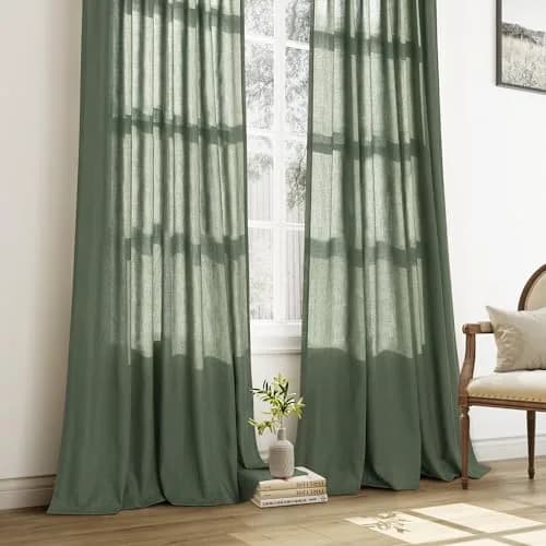 Aersas Olive Green Pinch Pleated Linen Curtains 84 Inches Long (2 Panels, 40"W x 84"L Each) | Light Filtering Boho Forest Hunter Moss Sheer Green Curtain thumbnail 7