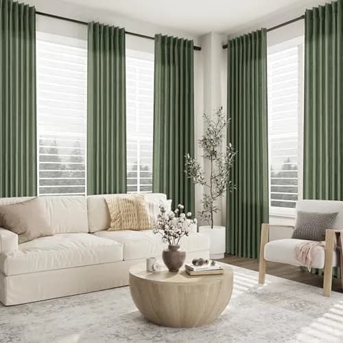 Aersas Olive Green Pinch Pleated Linen Curtains 84 Inches Long (2 Panels, 40"W x 84"L Each) | Light Filtering Boho Forest Hunter Moss Sheer Green Curtain thumbnail 2