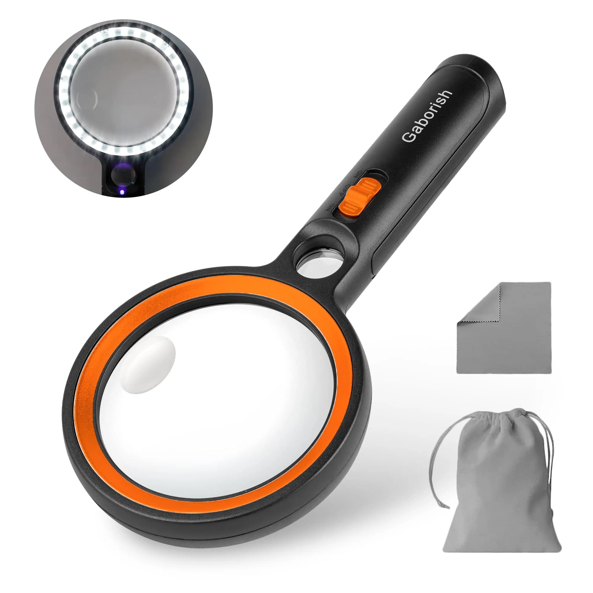 GABORISH Neck Magnifier with Light, 10X 5.2 Inch Acrylic Lens | Hands-Free Magnifying Glass for Reading, Sewing, Crafts — Black & Orange