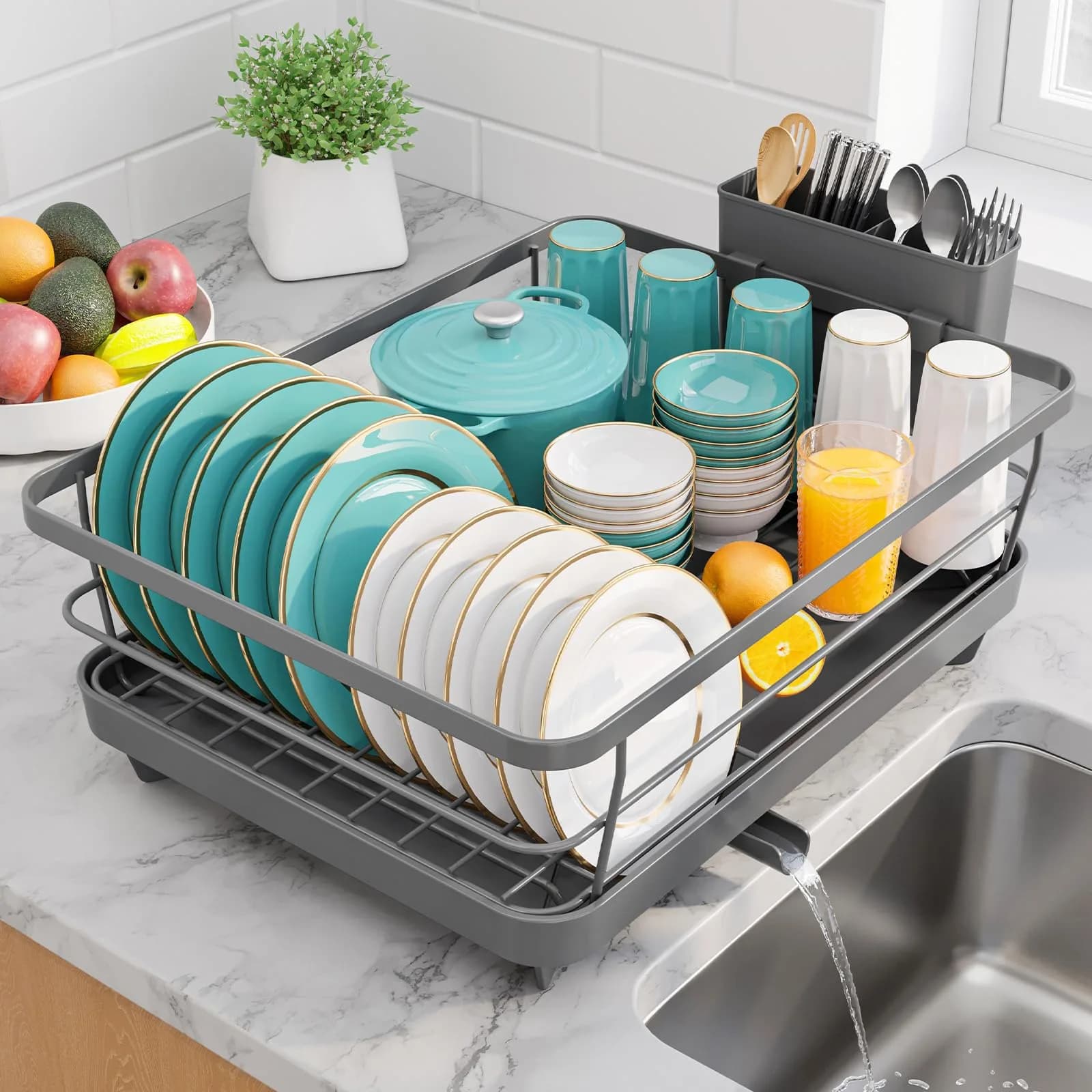 Sakugi Stainless Steel Dish Drying Rack for Kitchen Counter, Sink Organization and Storage Essentials with Silverware & Utensil Holder, 12"W x 15.6"L, Gray | Compact & Rustproof
