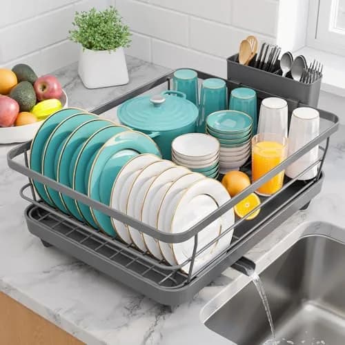 Sakugi Stainless Steel Dish Drying Rack for Kitchen Counter, Sink Organization and Storage Essentials with Silverware & Utensil Holder, 12"W x 15.6"L, Gray | Compact & Rustproof thumbnail 1