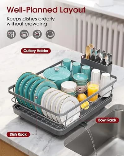 Sakugi Stainless Steel Dish Drying Rack for Kitchen Counter, Sink Organization and Storage Essentials with Silverware & Utensil Holder, 12"W x 15.6"L, Gray | Compact & Rustproof thumbnail 2