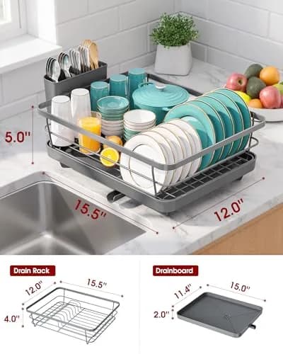 Sakugi Stainless Steel Dish Drying Rack for Kitchen Counter, Sink Organization and Storage Essentials with Silverware & Utensil Holder, 12"W x 15.6"L, Gray | Compact & Rustproof thumbnail 3