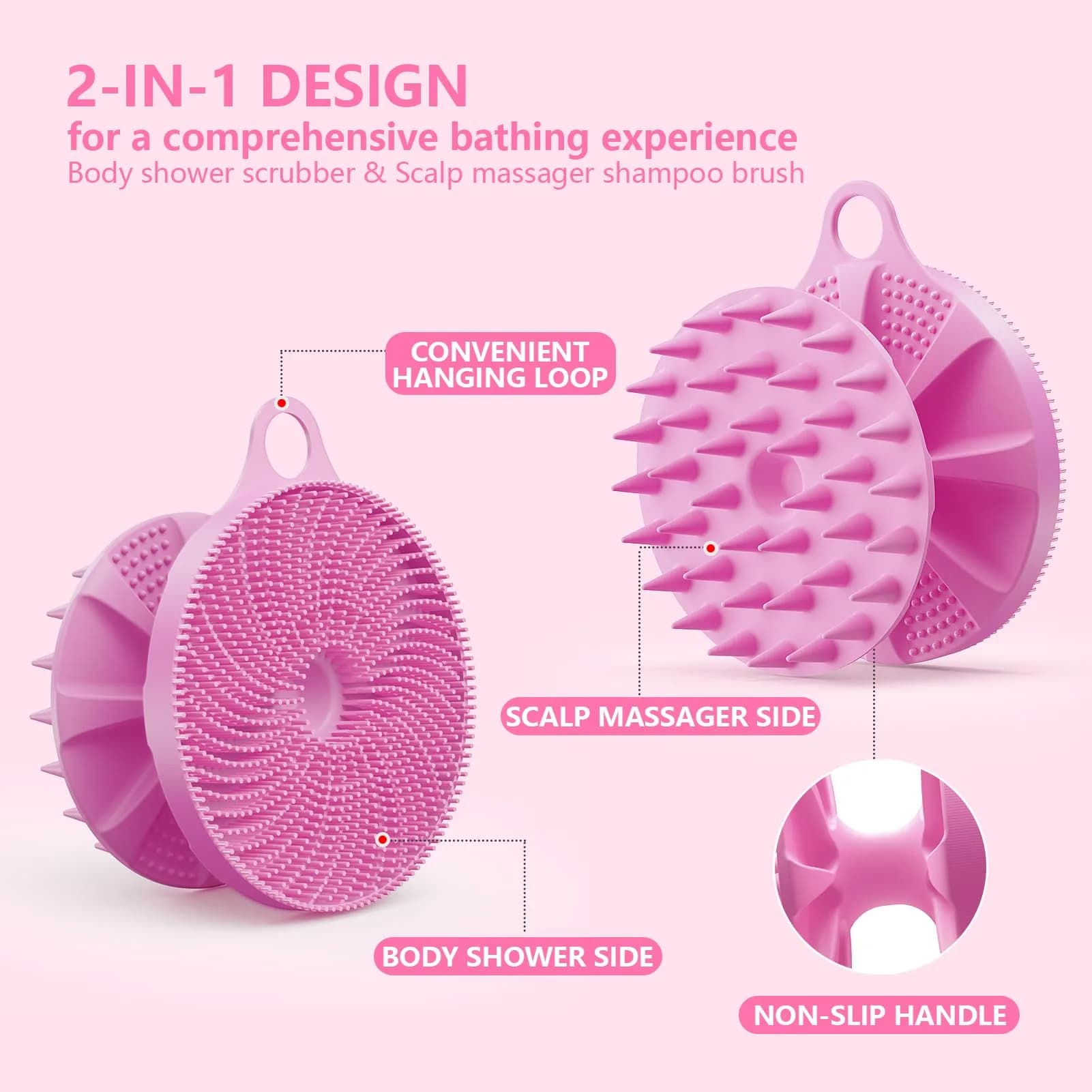 BEAUTAIL 2-in-1 Silicone Body Scrubber & Scalp Massager Brush | Lilac (10.5cm x 10.5cm x 6.5cm) - view 2