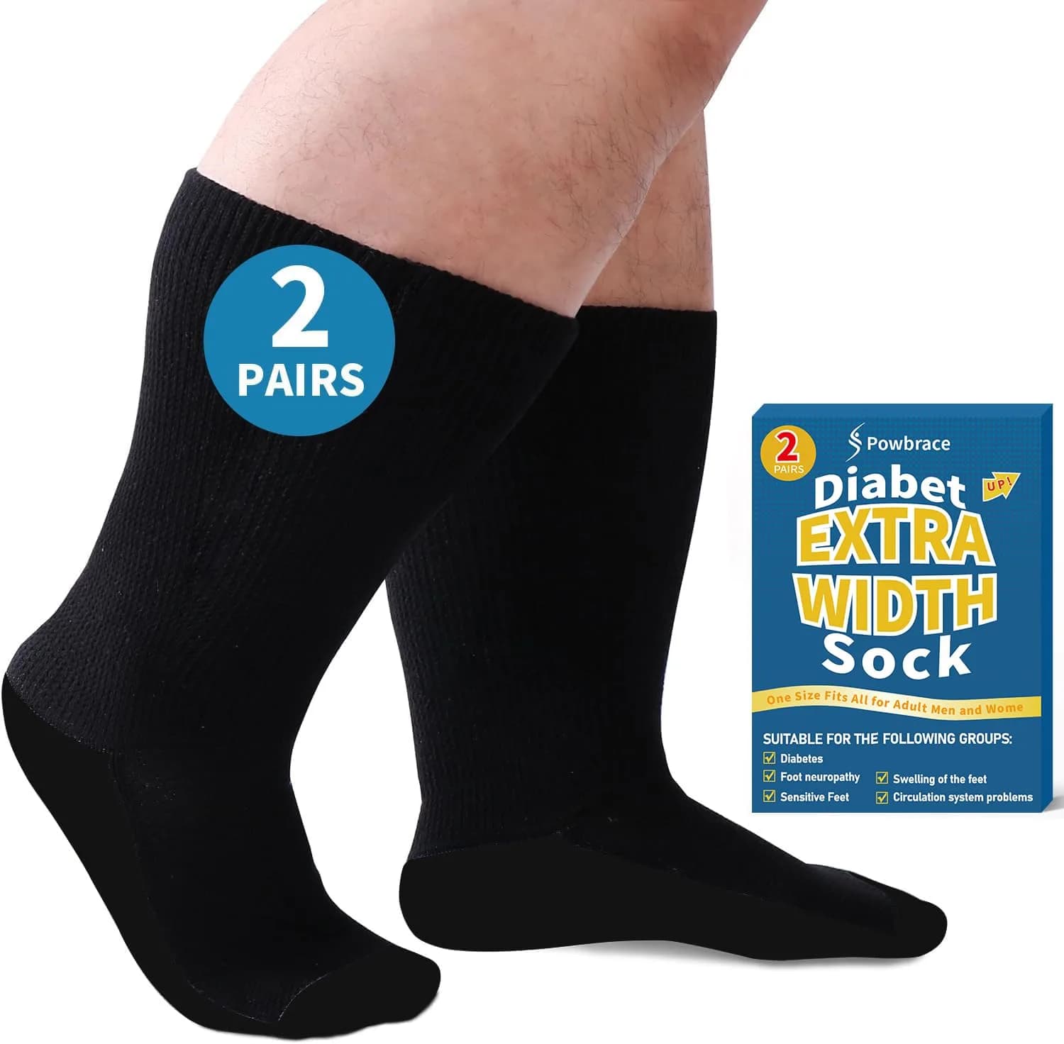 Powbrace Wide Diabetic Socks for Men Women Plus Size | Seamless Toe, Breathable, All-Black, 30-inch Stretch — 2 Pairs Black