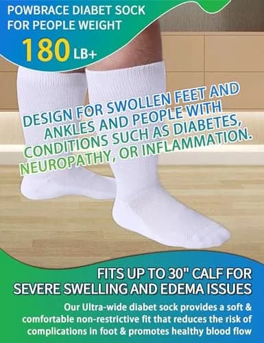 Powbrace Wide Diabetic Socks for Men Women Plus Size | Seamless Toe, Breathable, All-Black, 30-inch Stretch thumbnail 2