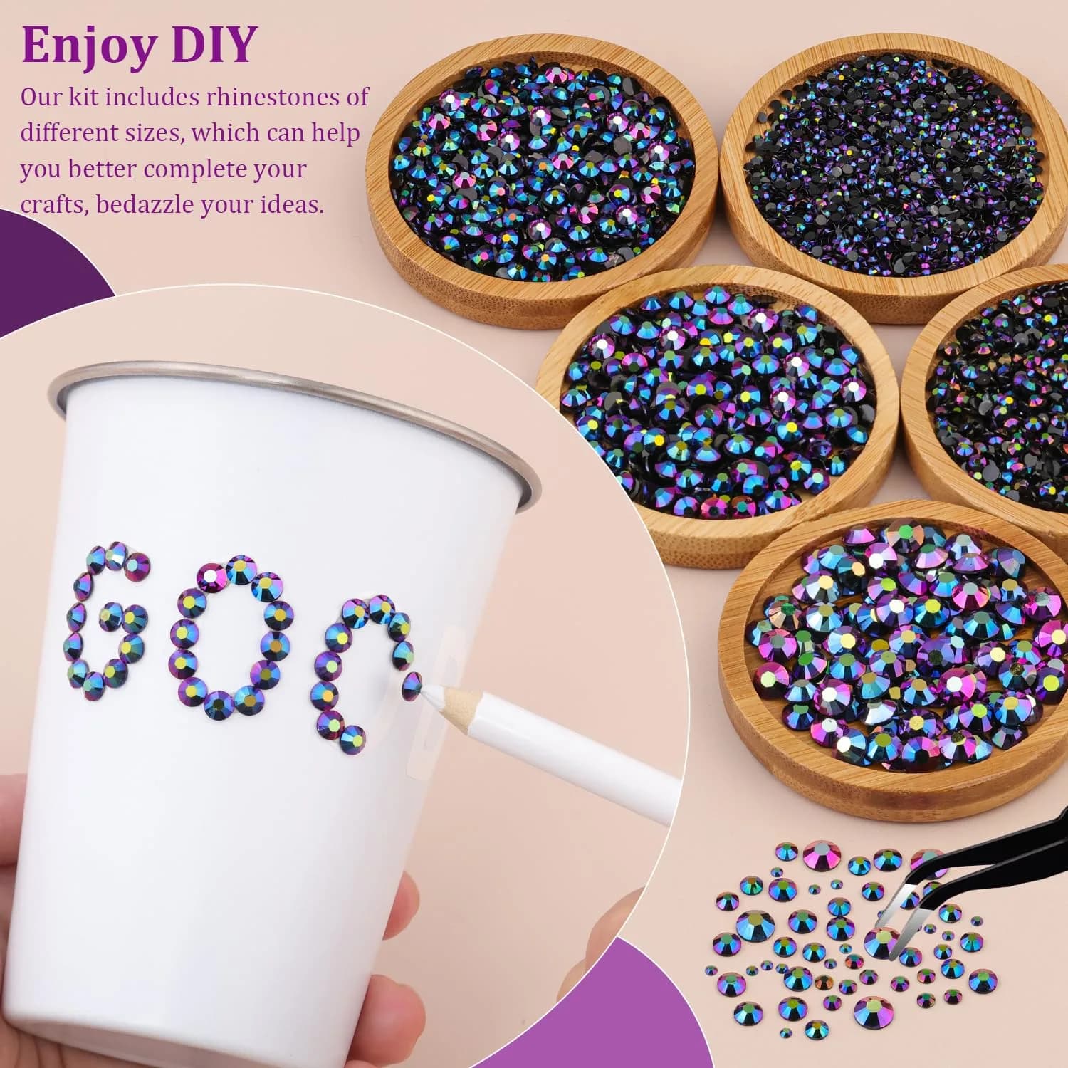 TINKRSTUFF Purplish Black AB 3Pcs Craft Beads | Flatback Crystal Gems with Glue & Tools - view 3