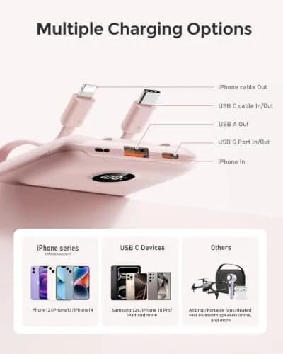 WeeFancy Compact Portable Charger 10000mAh with Built-in Cables | Fast Charging & TSA Approved thumbnail 4