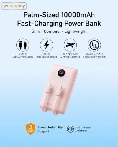 WeeFancy Compact Portable Charger 10000mAh with Built-in Cables | Fast Charging & TSA Approved thumbnail 2