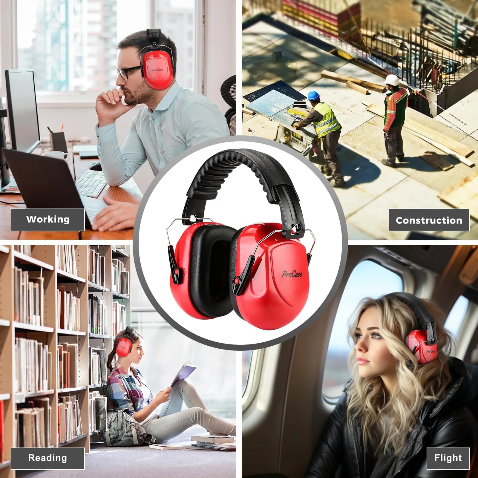 ProCase Hearing Protection Ear Muffs NRR 28dB | Noise Cancelling Headphones for Adults & Teens (Red) - view 7