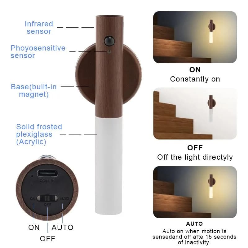 LANDGOO Motion Sensor Wall Sconce Rechargeable Night Light Warm White | Walnut Wood, PIR Sensor, Magnetic Mount thumbnail 6