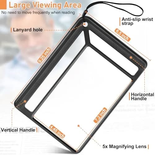 AKKYCVS 5X Full Page Magnifying Glass with Handle & Wrist Strap, 12.7cm x 17.8cm (5" x 7") Viewing Area | Lightweight Reading Aid for Seniors thumbnail 4