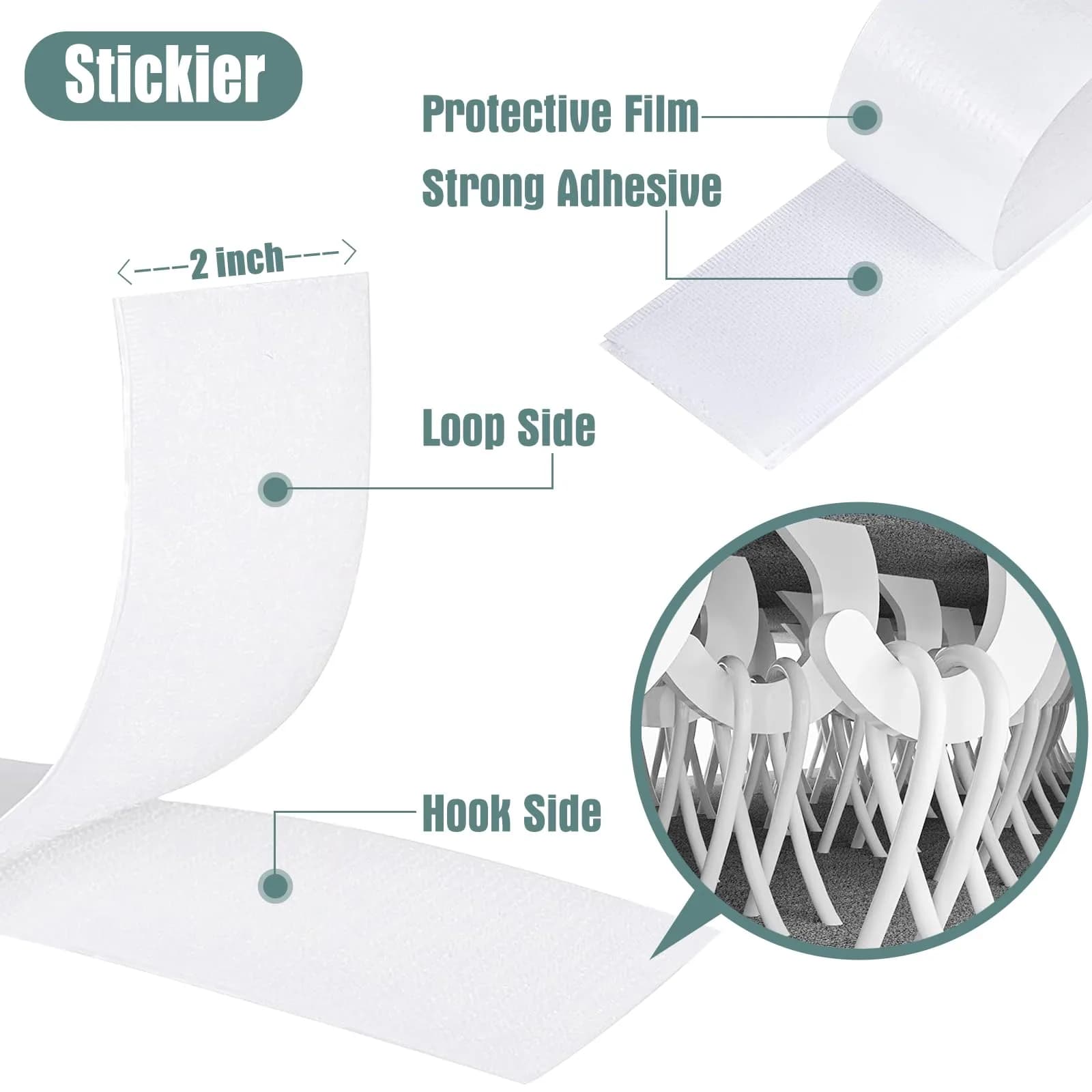 Navona Heavy Duty Hook and Loop Strips with Adhesive, 5.1cm (2 Inch) x 27 Feet Each Roll, White | Self-Adhesive Fastener Tape for Secure Mounting - view 3