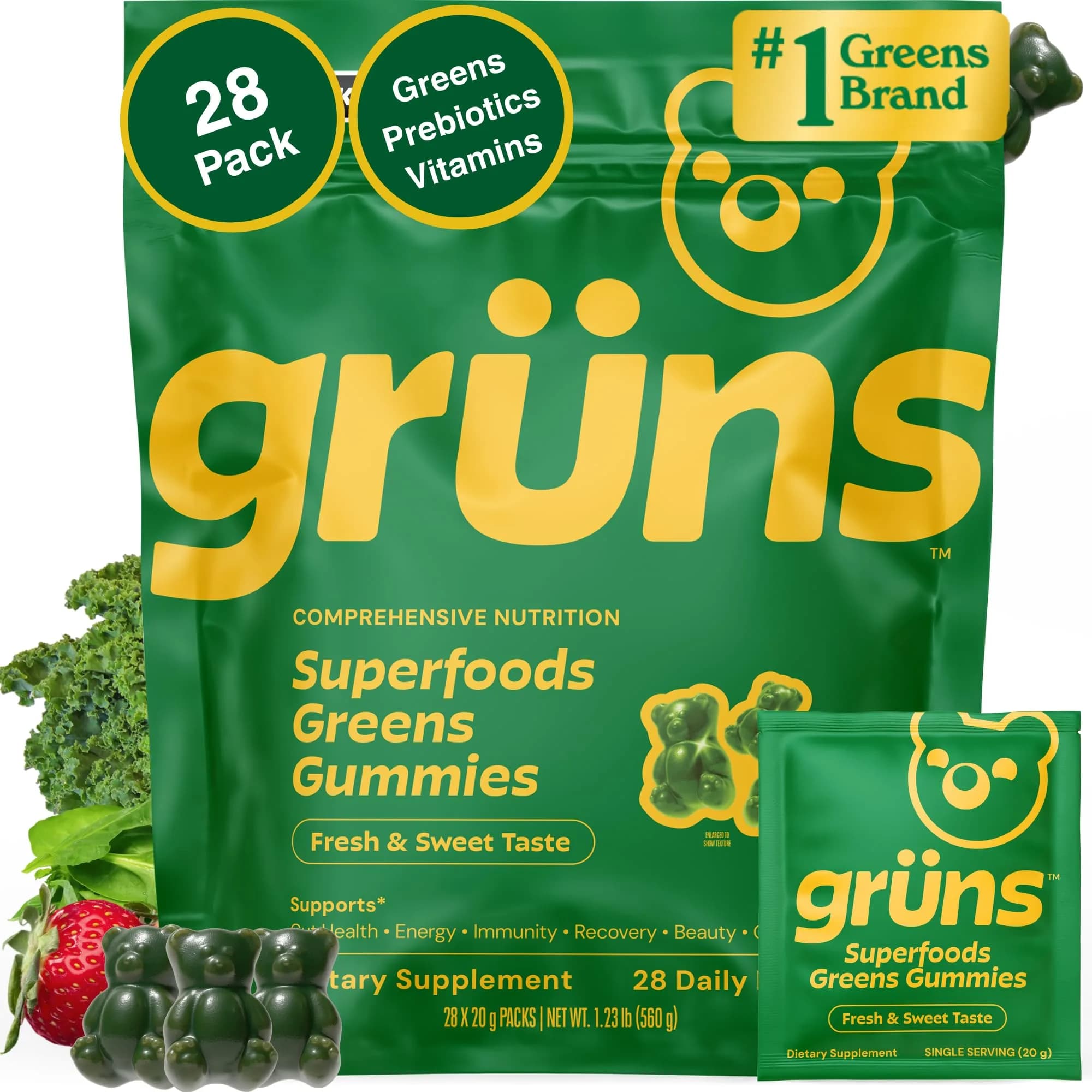 Gruns Adult Super Greens Multivitamin Gummies with Spirulina, Chlorella & Prebiotic Fiber, 28 Count | Digestive Health & Immune Support - main product image