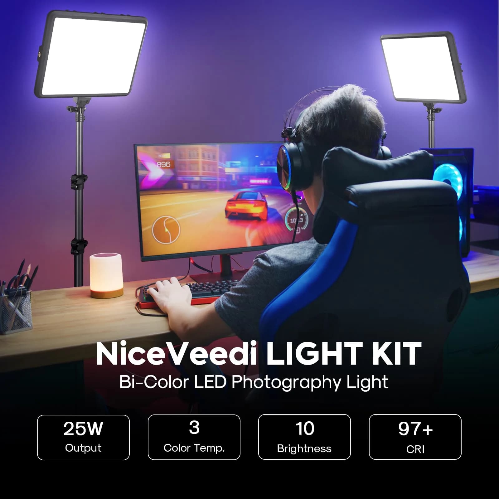 NiceVeedi 25W LED Video Light Kit 2-Pack with Tripod Stand, 73" Stream Light for Video Recording - view 2