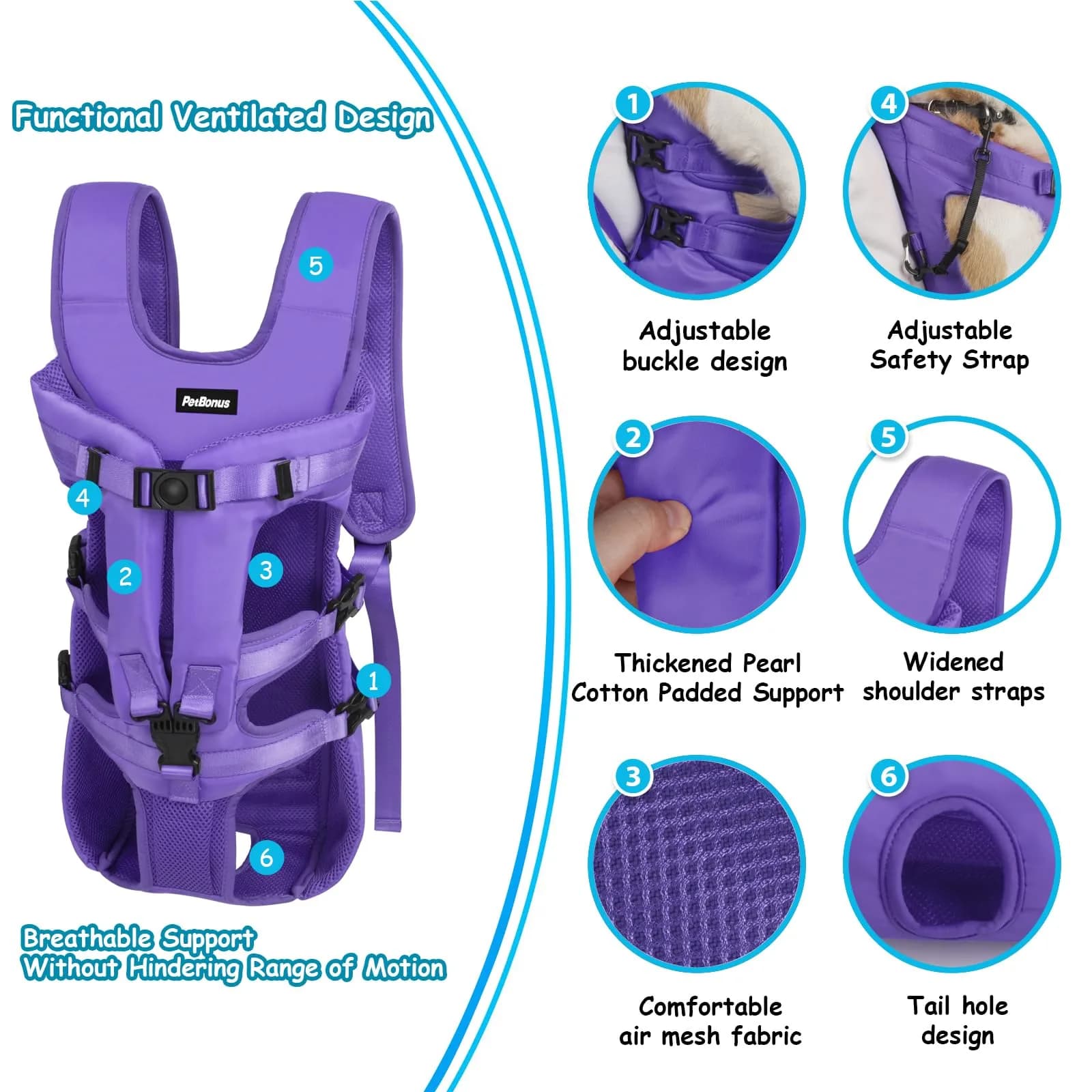 PetBonus Purple X-Large Dog Carrier Backpack for Hands-Free Hiking and Travel - view 2