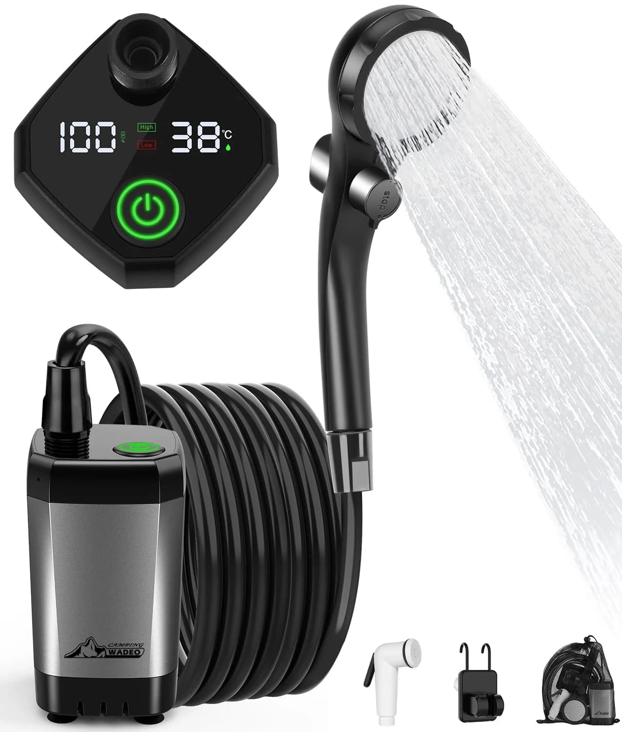 WADEO Portable Camping Shower with Digital Display & 6000mAh Battery | 5 L/min Flow Rate — Silver Gray