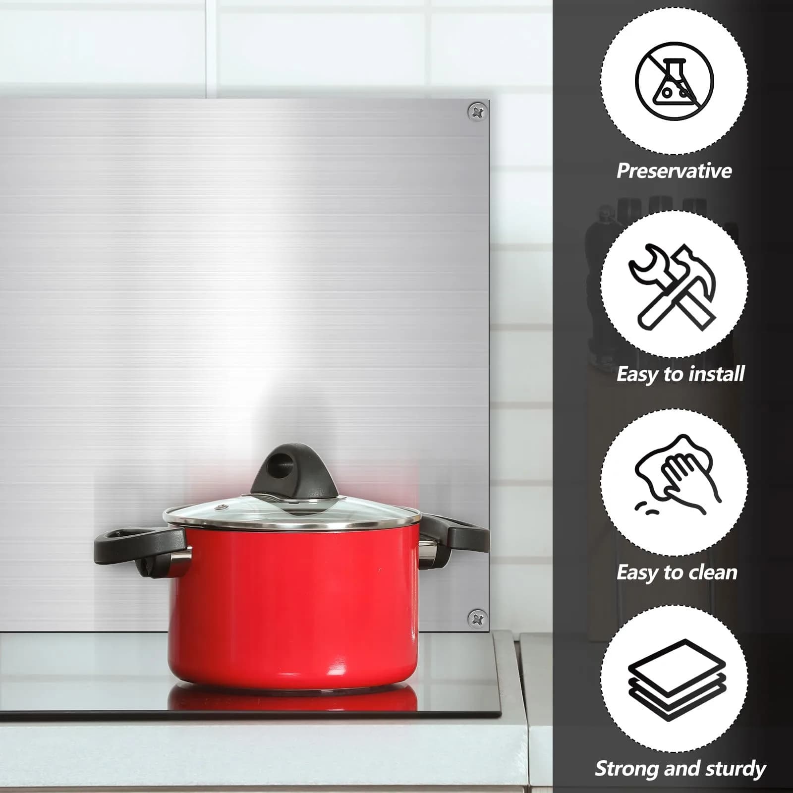 Yaocom Stainless Steel Backsplash Panel with Screws & Towel, Silver, 24x30 Inch | Easy Install Kitchen Wall Protection - view 4