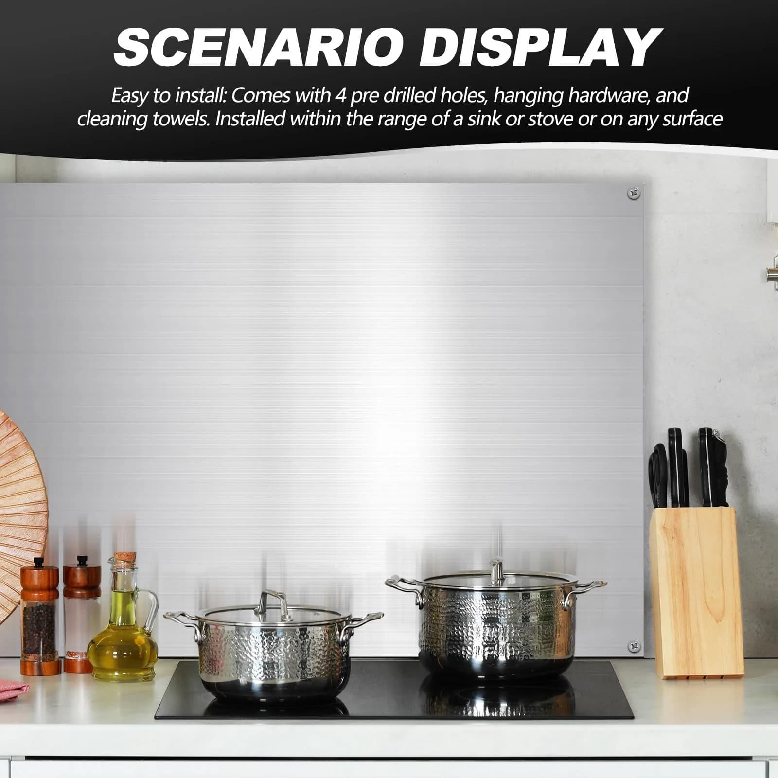 Yaocom Stainless Steel Backsplash Panel with Screws & Towel, Silver, 24x30 Inch | Easy Install Kitchen Wall Protection - view 7