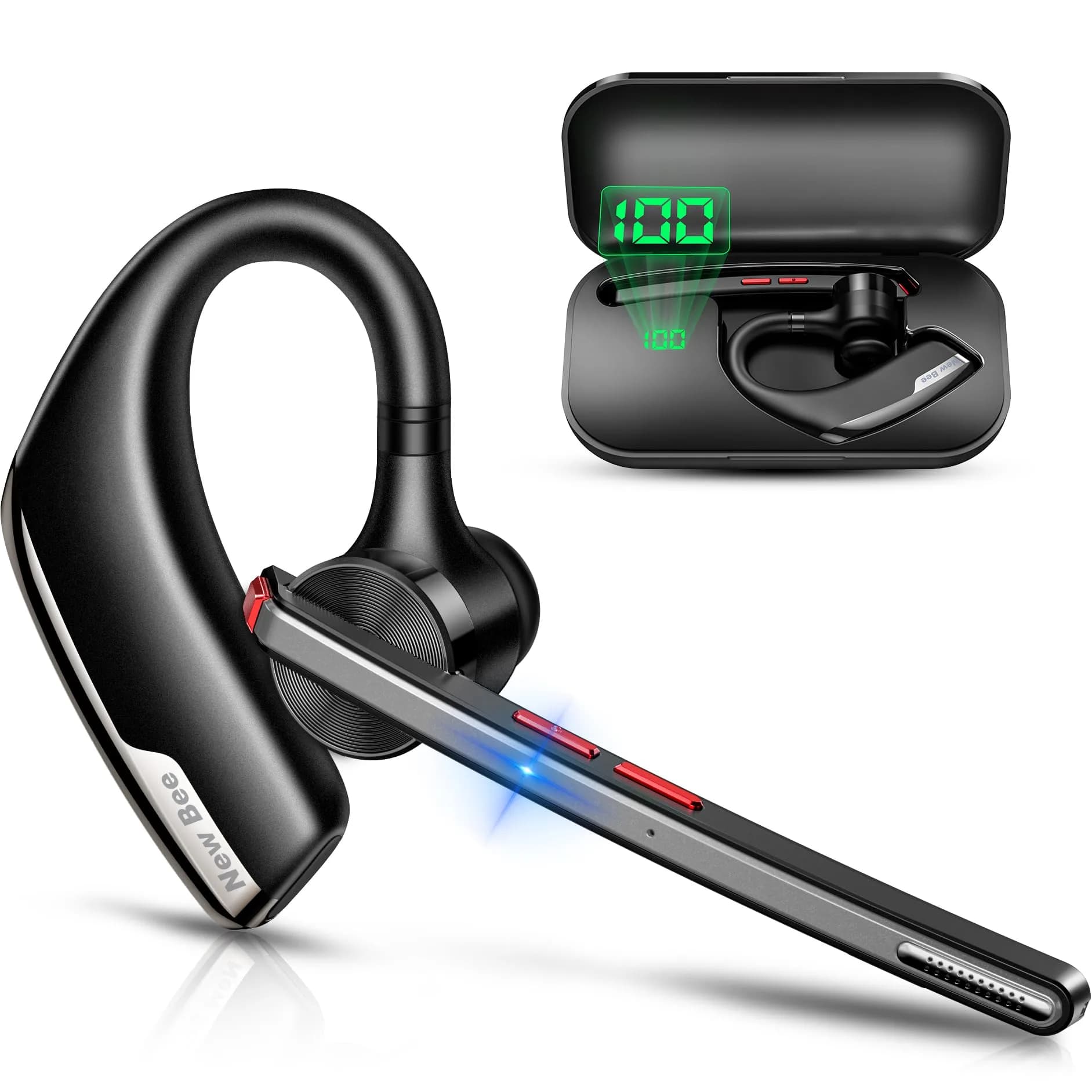 New Bee M51 Bluetooth Headset with Charging Case | Dual Mic Noise Cancelling Earpiece — Black
