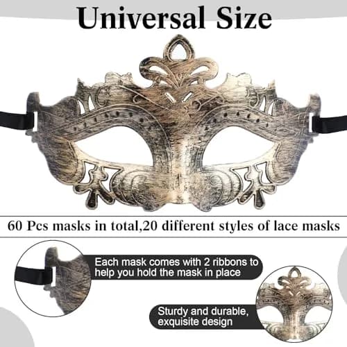 Chivao 60 Pcs Halloween Masquerade Masks Bulk | Classic Venetian Style for Parties thumbnail 2