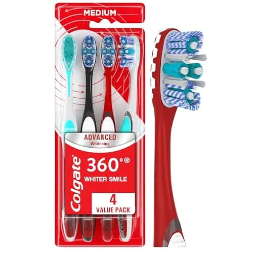 Colgate 360 Advanced Whitening Medium Toothbrush Pack - 4 Adult Medium Brushes with Cheek and Tongue Cleaner - main product image