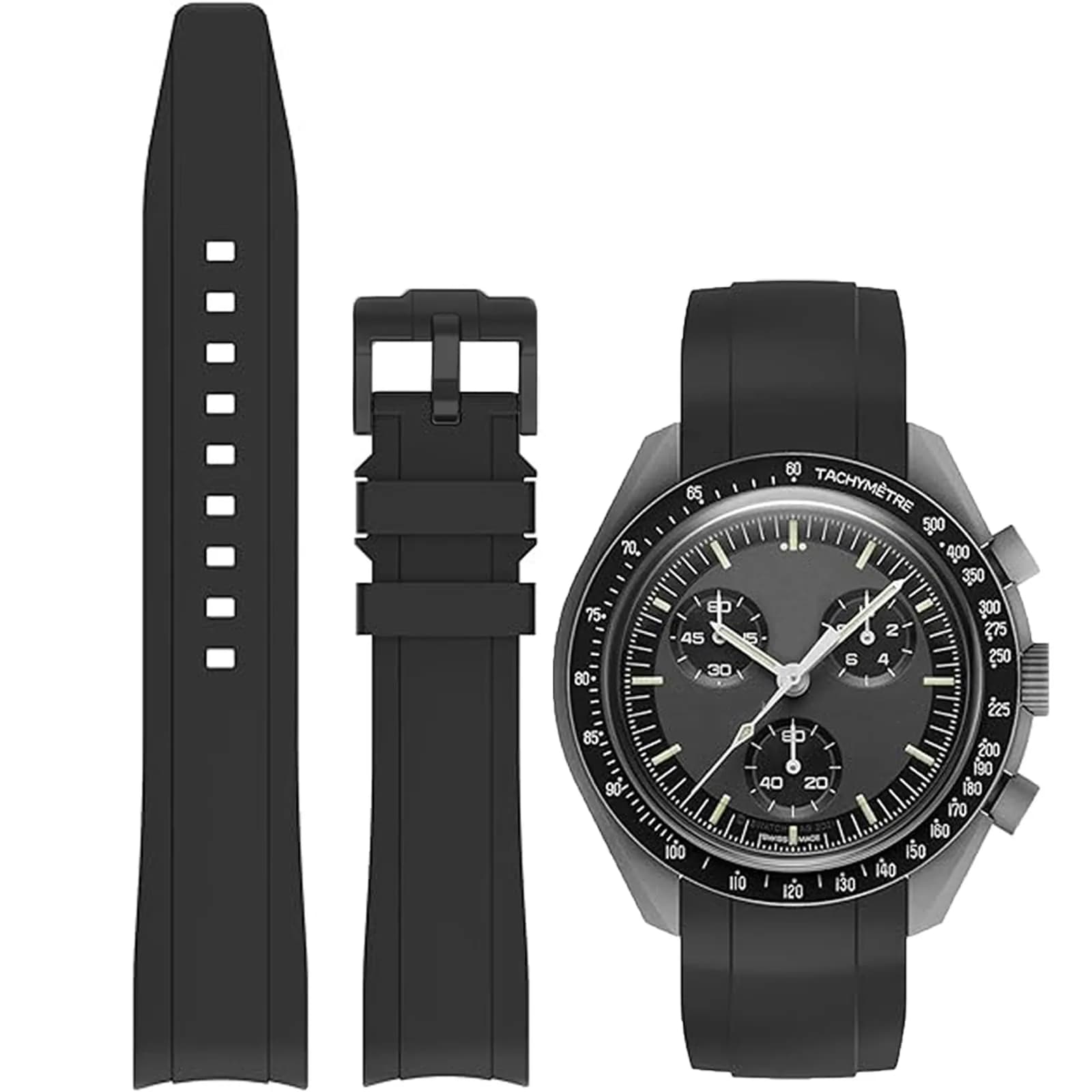 Niziruoup Watch Band for Omega Swatch Rolex 22mm | Curved No Gap Silicone Rubber Strap — Black(Black Buckle)