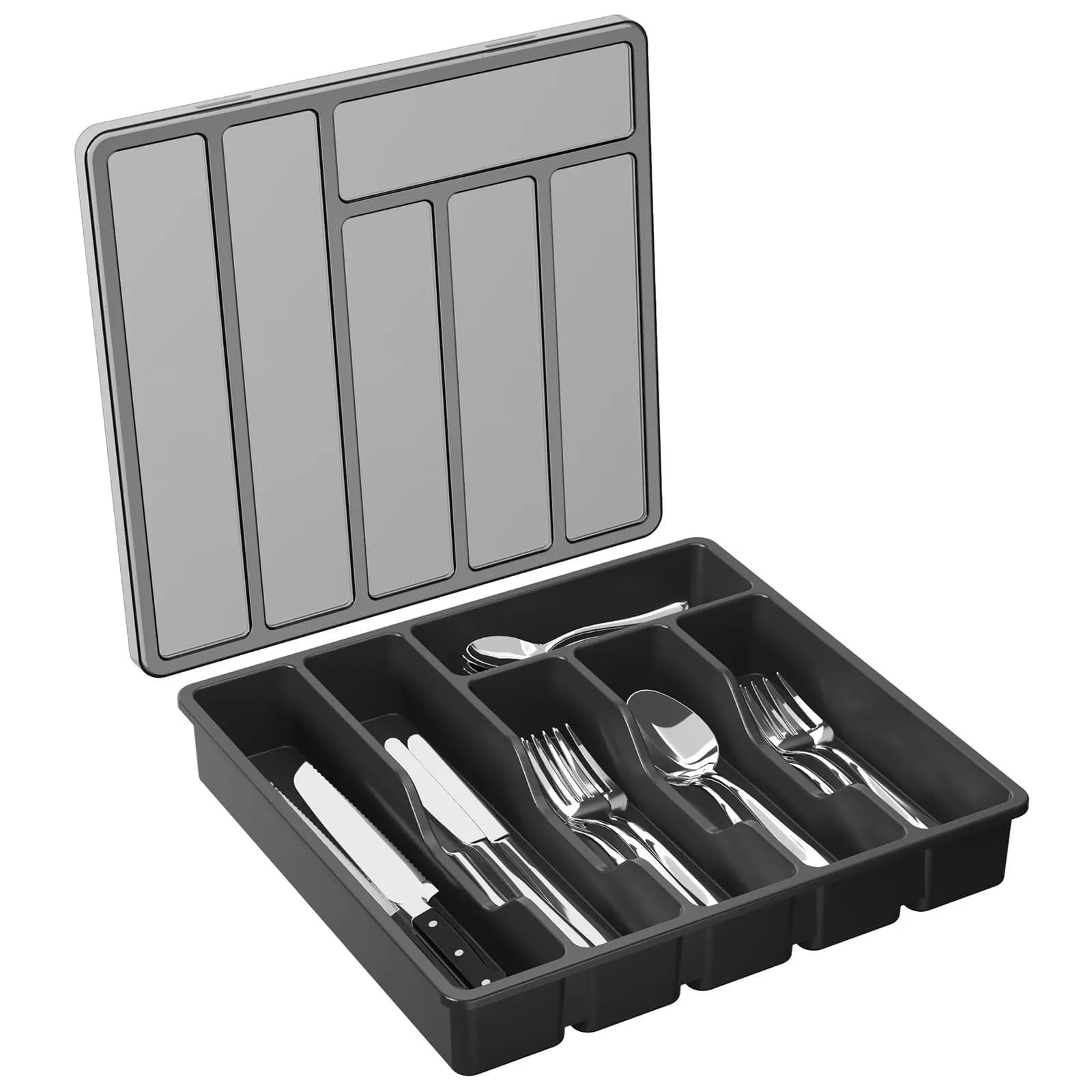 Lifewit Silverware Organizer with Lid, 12.6" x 11.8" | Dust-Free Cutlery Storage (70-120c) — Black / 12.6"L x 11.8"W