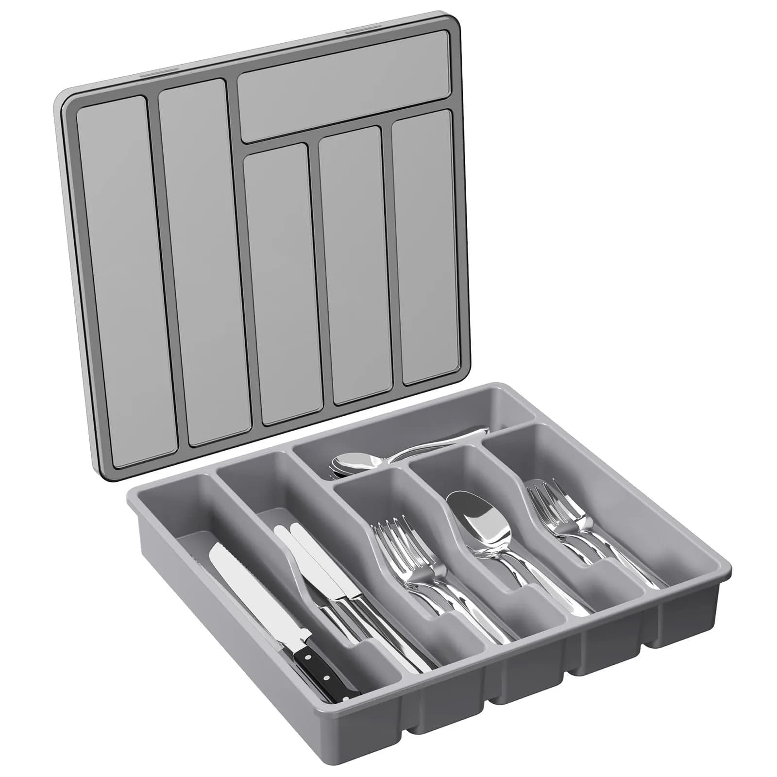 Lifewit Silverware Organizer with Lid, Covered Utensil Tray, 12.6x11.8 | Dust-Free Storage & 6 Compartments — Gray