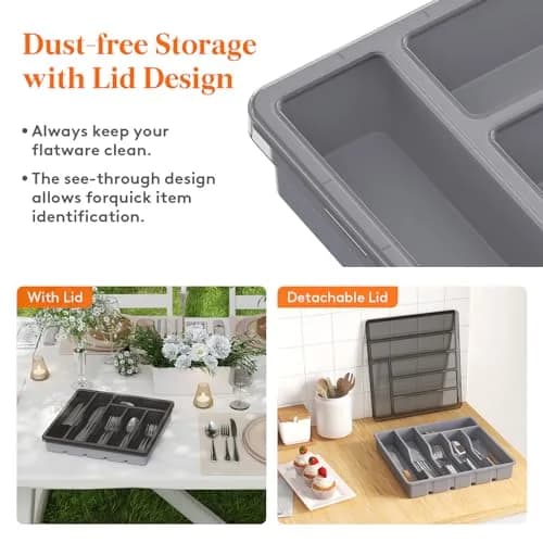 Lifewit Silverware Organizer with Lid, Covered Utensil Tray, 12.6x11.8 | Dust-Free Storage & 6 Compartments thumbnail 2