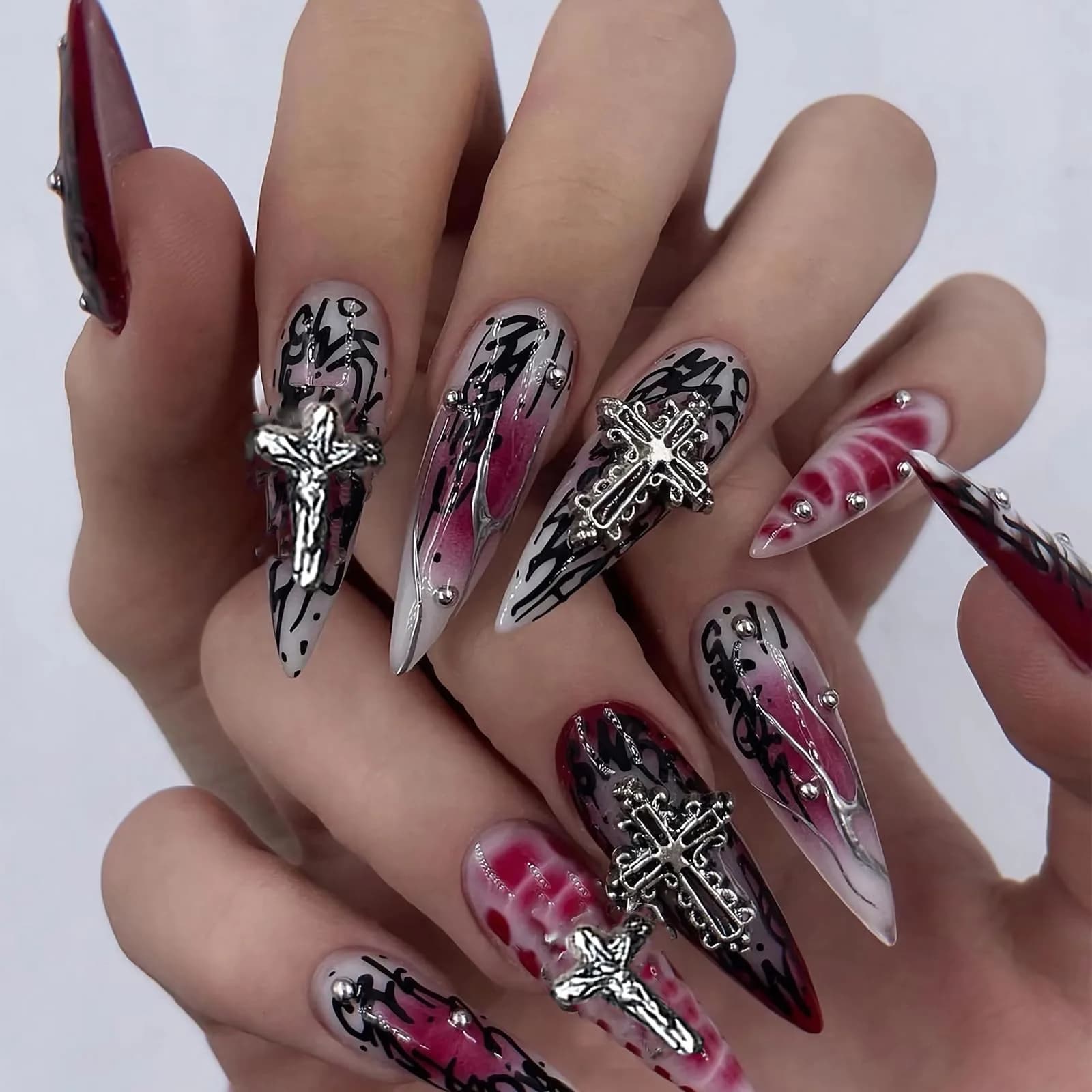 MISUD Press on Nails - Long Stiletto Goth Red Black | Acrylic Gothic Cross Design