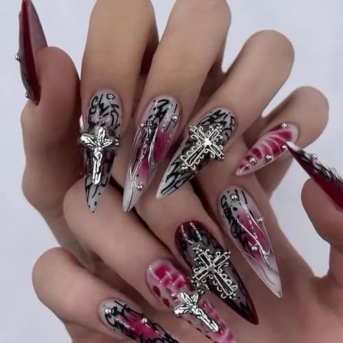 MISUD Press on Nails - Long Stiletto Goth Red Black | Acrylic Gothic Cross Design thumbnail 1