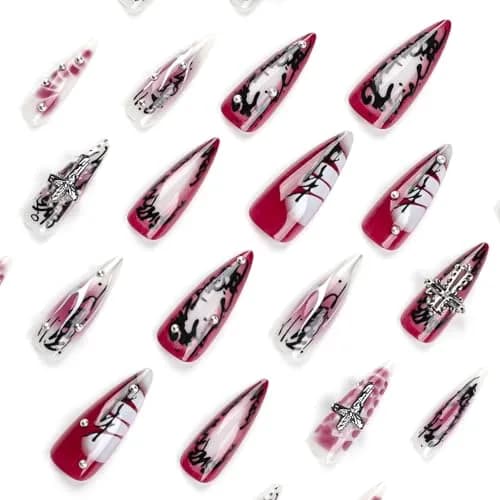 MISUD Press on Nails - Long Stiletto Goth Red Black | Acrylic Gothic Cross Design thumbnail 4