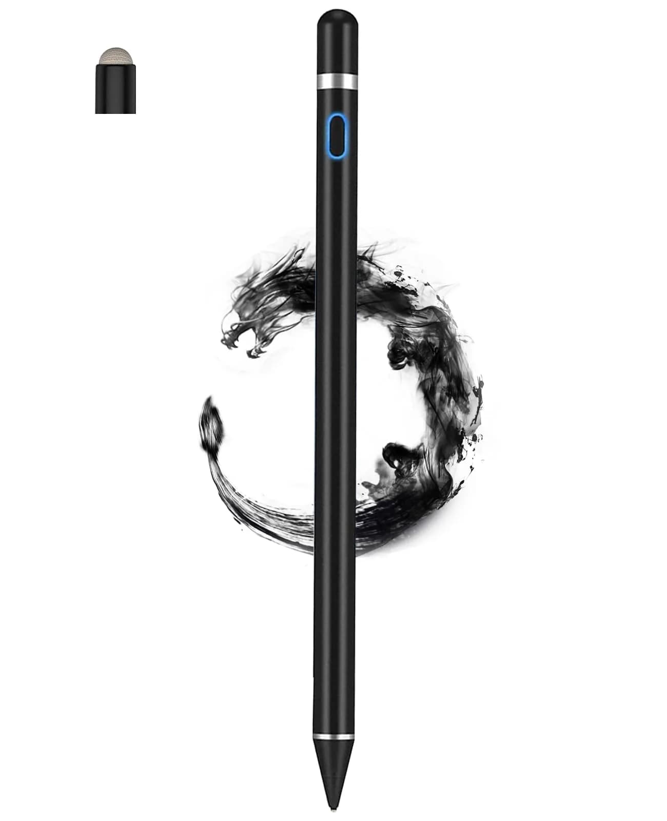 DOGAIN Black Stylus Pen for iOS & Android Touch Screens | 1.45mm Fine Point Rechargeable Stylus Pen for iPad/iPhone/Android/Tablet/Switch — Black Pen with Two Cap