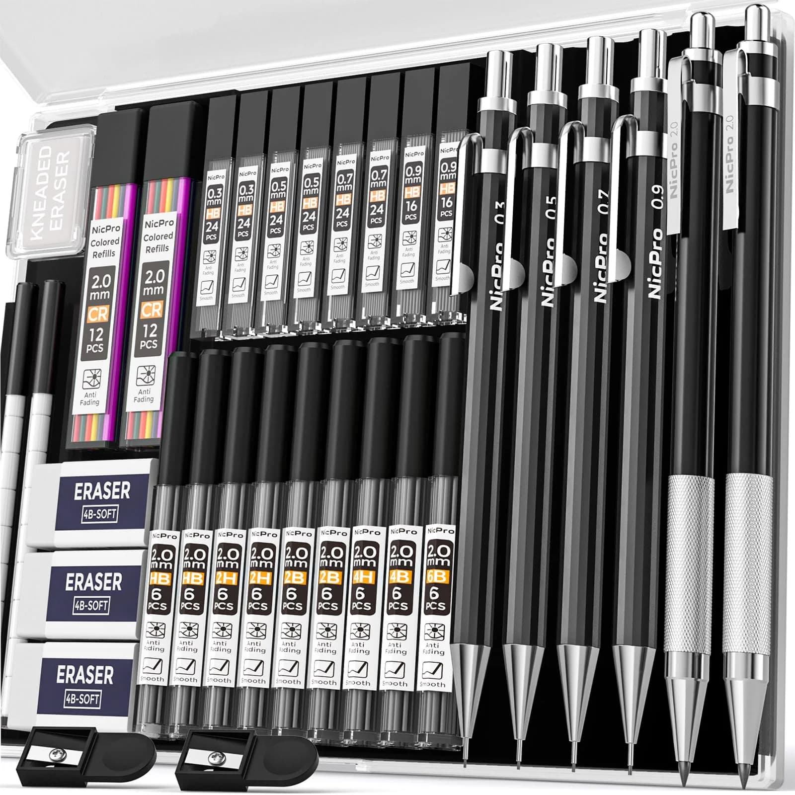 Nicpro 34PCS Black Art Mechanical Pencils Set, Metal Automatic Pencil 0.3, 0.5, 0.7, 0.9 mm & 2PCS 2mm Lead Holder | Sketching Drawing