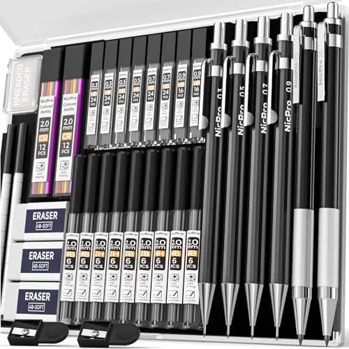 Nicpro 34PCS Black Art Mechanical Pencils Set, Metal Automatic Pencil 0.3, 0.5, 0.7, 0.9 mm & 2PCS 2mm Lead Holder | Sketching Drawing thumbnail 1