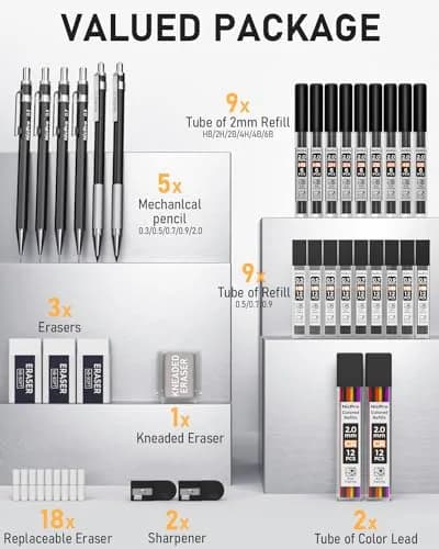 Nicpro 34PCS Black Art Mechanical Pencils Set, Metal Automatic Pencil 0.3, 0.5, 0.7, 0.9 mm & 2PCS 2mm Lead Holder | Sketching Drawing thumbnail 6