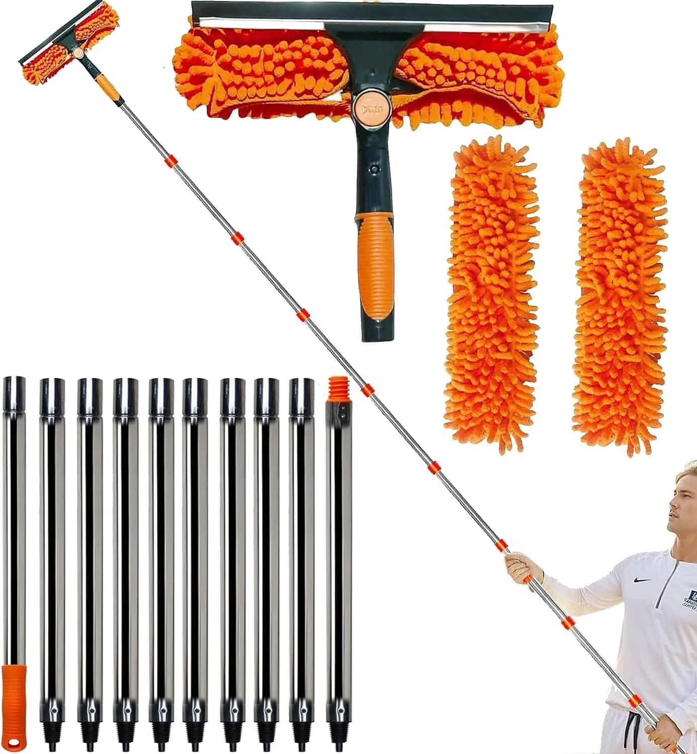 Tonmp 20+ Feet Reach 2 in 1 Window Washing Squeegee & Duster with 3-14 ft Spliceable Extension Pole | Multi-Use Cleaning Tool for Home & Outdoors