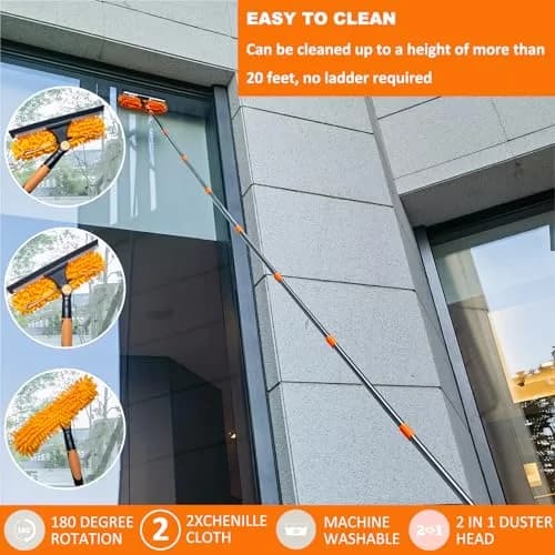 Tonmp 20+ Feet Reach 2 in 1 Window Washing Squeegee & Duster with 3-14 ft Spliceable Extension Pole | Multi-Use Cleaning Tool for Home & Outdoors thumbnail 6