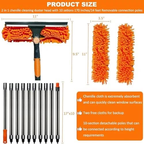 Tonmp 20+ Feet Reach 2 in 1 Window Washing Squeegee & Duster with 3-14 ft Spliceable Extension Pole | Multi-Use Cleaning Tool for Home & Outdoors thumbnail 2