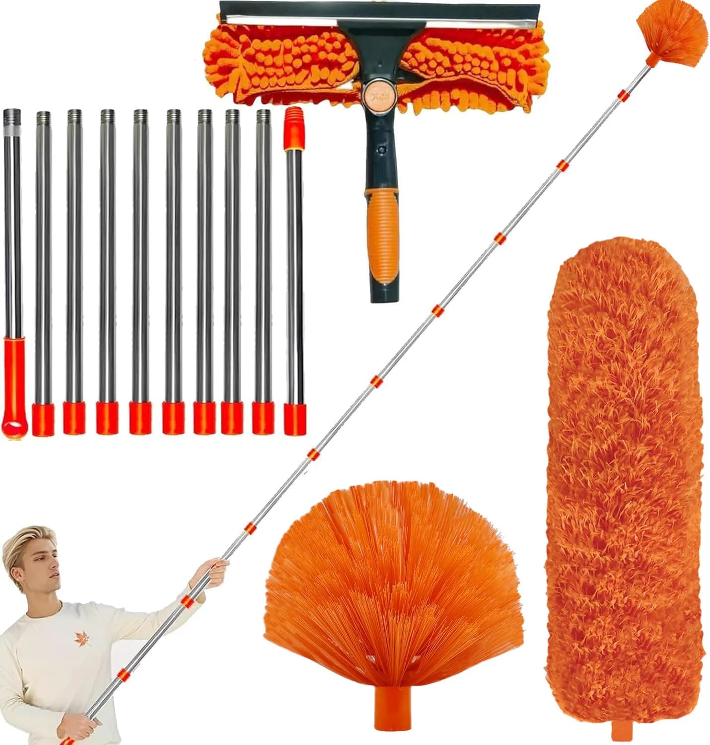 Tockrop High Reach Dusting Kit with 14 ft Extension Pole & 3 Duster Heads | Cleans Up to 20 ft High — Orange